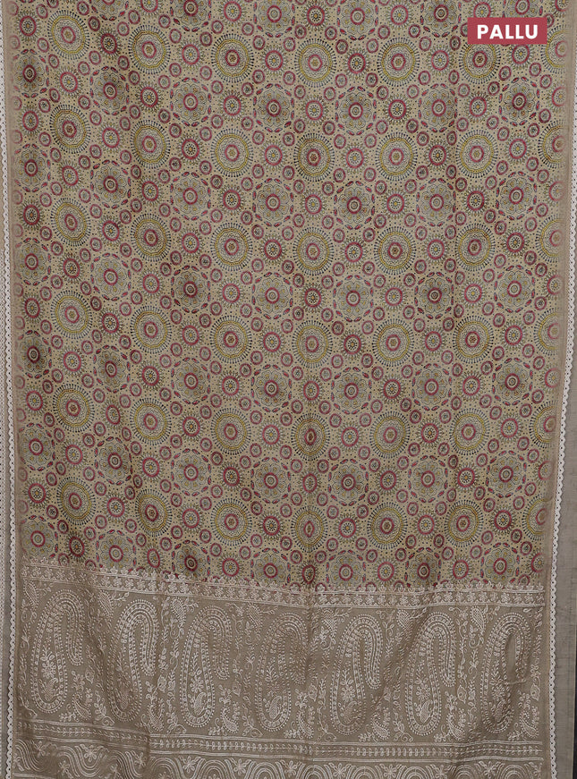 Semi chanderi saree cream and beige with allover ajrakh prints and embroidery pallu