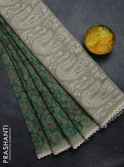 Semi chanderi saree green and beige with allover ajrakh prints and embroidery pallu