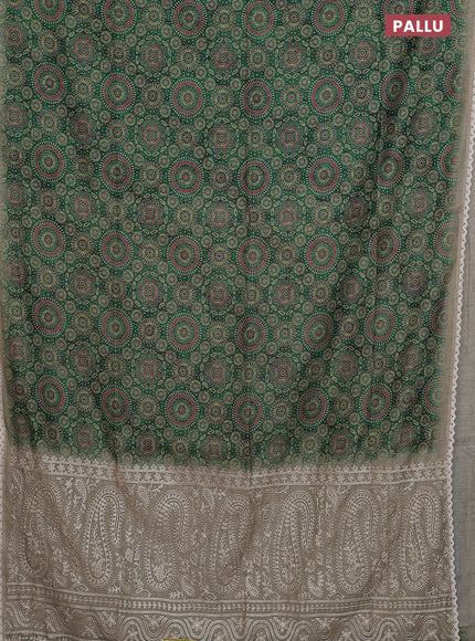 Semi chanderi saree green and beige with allover ajrakh prints and embroidery pallu