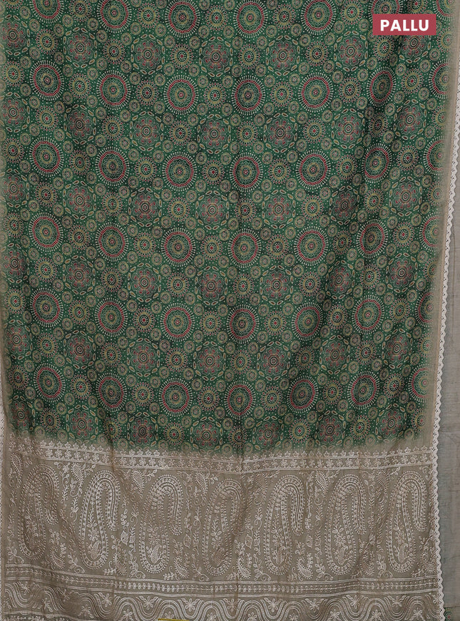 Semi chanderi saree green and beige with allover ajrakh prints and embroidery pallu