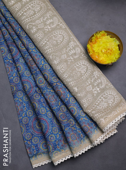 Semi chanderi saree blue and beige with allover ajrakh prints and embroidery pallu