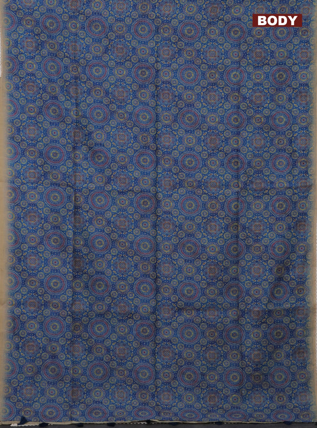 Semi chanderi saree blue and beige with allover ajrakh prints and embroidery pallu
