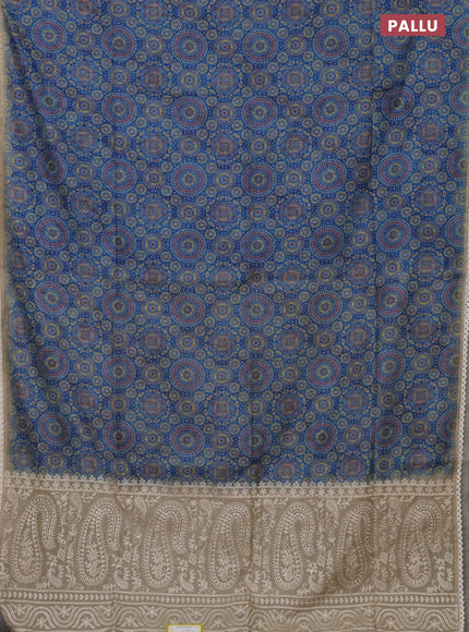 Semi chanderi saree blue and beige with allover ajrakh prints and embroidery pallu