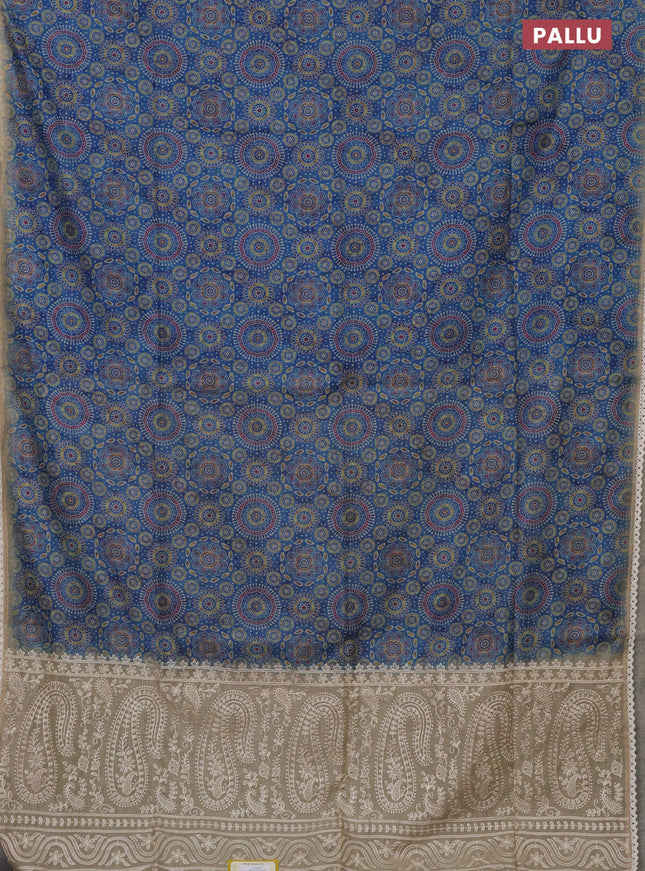 Semi chanderi saree blue and beige with allover ajrakh prints and embroidery pallu