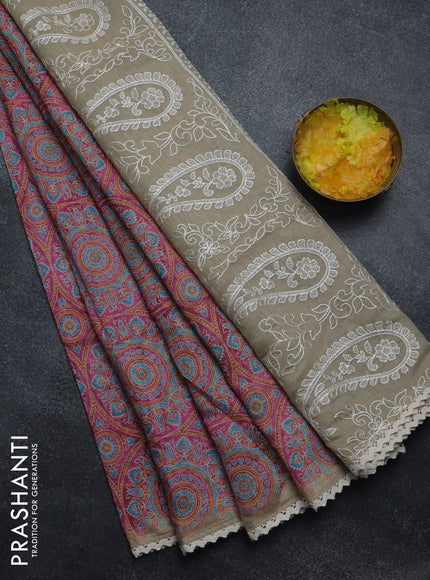 Semi chanderi saree pink and beige with allover ajrakh prints and embroidery pallu