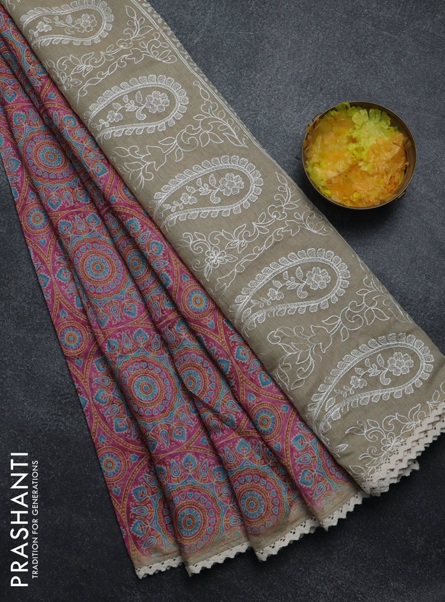 Semi chanderi saree pink and beige with allover ajrakh prints and embroidery pallu