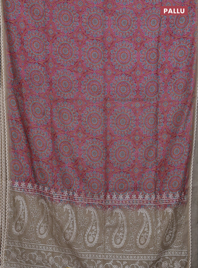 Semi chanderi saree pink and beige with allover ajrakh prints and embroidery pallu