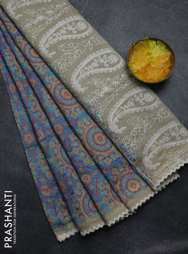 Semi chanderi saree cs blue and beige with allover ajrakh prints and embroidery pallu