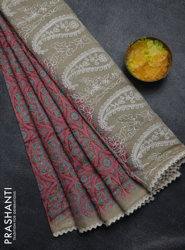 Semi chanderi saree maroon and beige with allover ajrakh prints and embroidery pallu