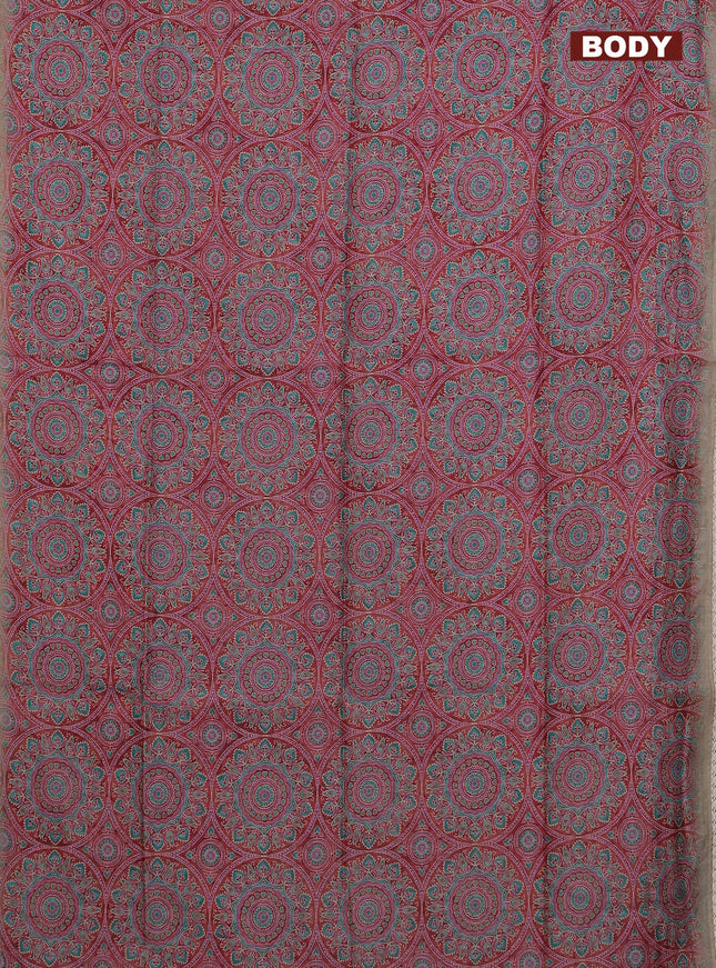 Semi chanderi saree maroon and beige with allover ajrakh prints and embroidery pallu