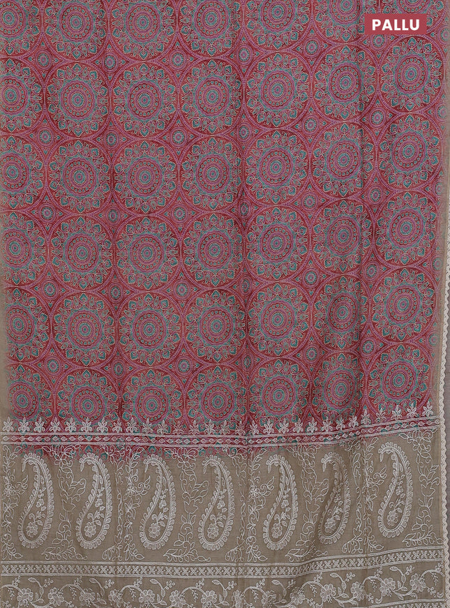 Semi chanderi saree maroon and beige with allover ajrakh prints and embroidery pallu