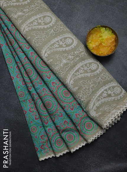 Semi chanderi saree light blue and beige with allover ajrakh prints and embroidery pallu