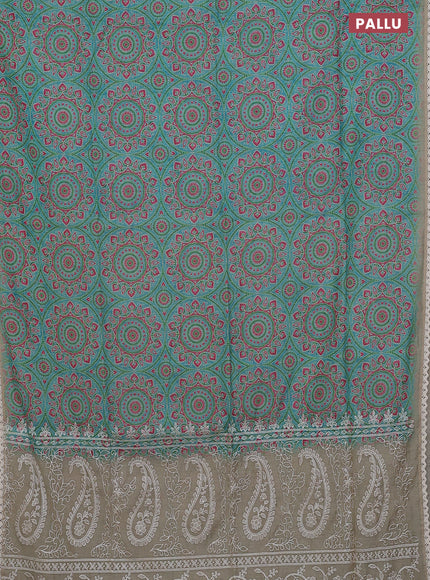 Semi chanderi saree light blue and beige with allover ajrakh prints and embroidery pallu