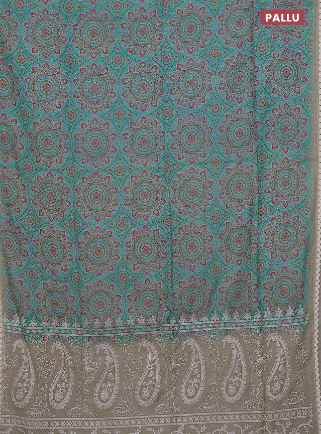 Semi chanderi saree light blue and beige with allover ajrakh prints and embroidery pallu