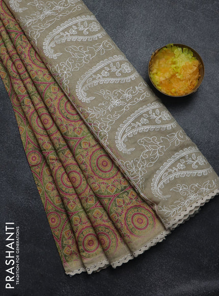 Semi chanderi saree mehendi green and beige with allover ajrakh prints and embroidery pallu