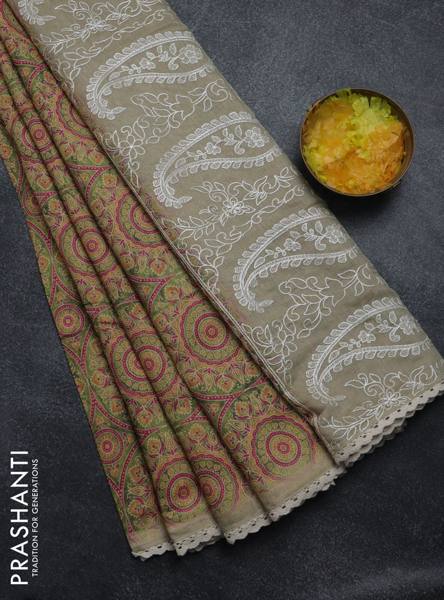 Semi chanderi saree mehendi green and beige with allover ajrakh prints and embroidery pallu