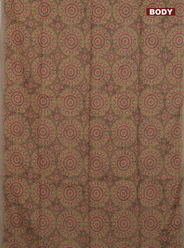 Semi chanderi saree mehendi green and beige with allover ajrakh prints and embroidery pallu