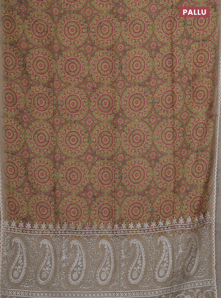 Semi chanderi saree mehendi green and beige with allover ajrakh prints and embroidery pallu