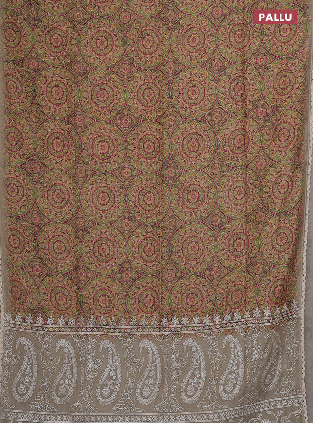 Semi chanderi saree mehendi green and beige with allover ajrakh prints and embroidery pallu