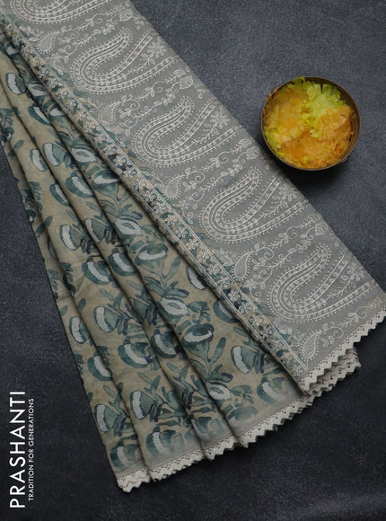 Semi chanderi saree beige and grey with allover batik prints and embroidery pallu