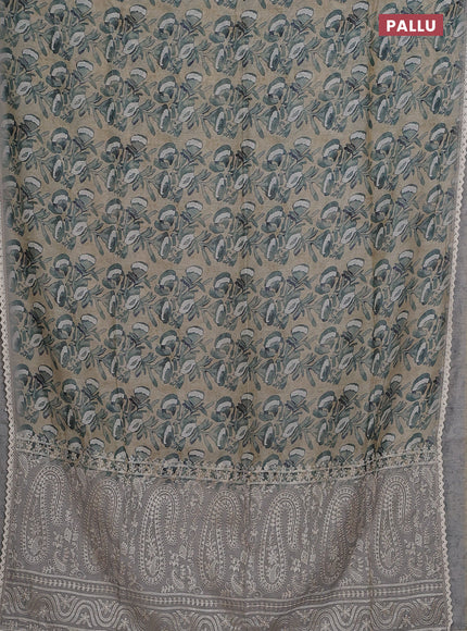 Semi chanderi saree beige and grey with allover batik prints and embroidery pallu