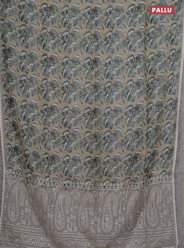 Semi chanderi saree beige and grey with allover batik prints and embroidery pallu