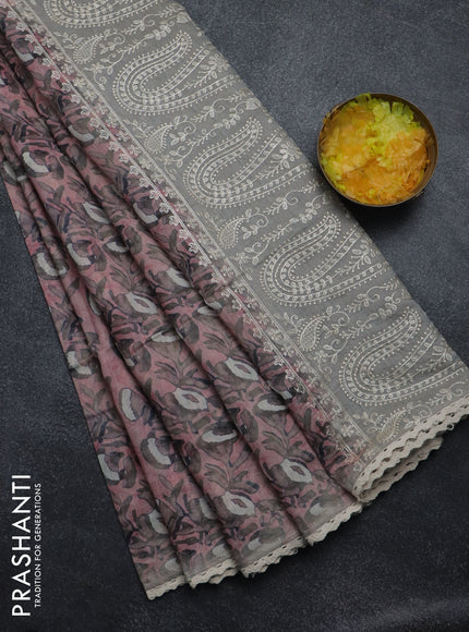 Semi chanderi saree pastel pink and grey with allover batik prints and embroidery pallu