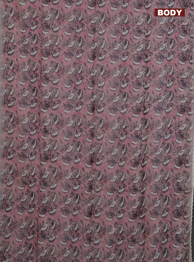 Semi chanderi saree pastel pink and grey with allover batik prints and embroidery pallu