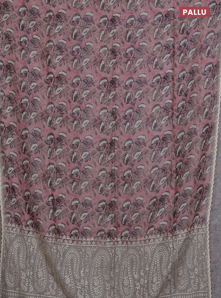 Semi chanderi saree pastel pink and grey with allover batik prints and embroidery pallu