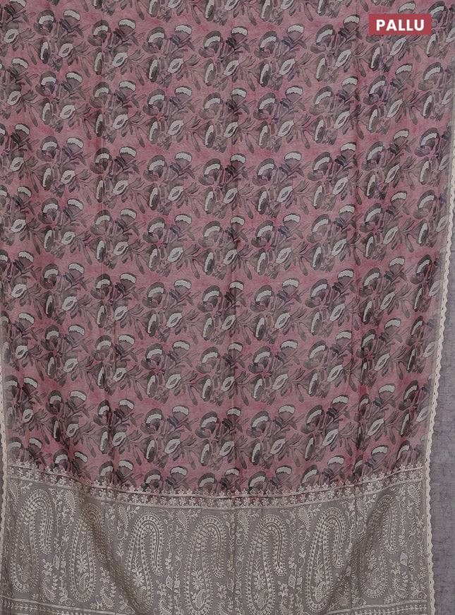 Semi chanderi saree pastel pink and grey with allover batik prints and embroidery pallu
