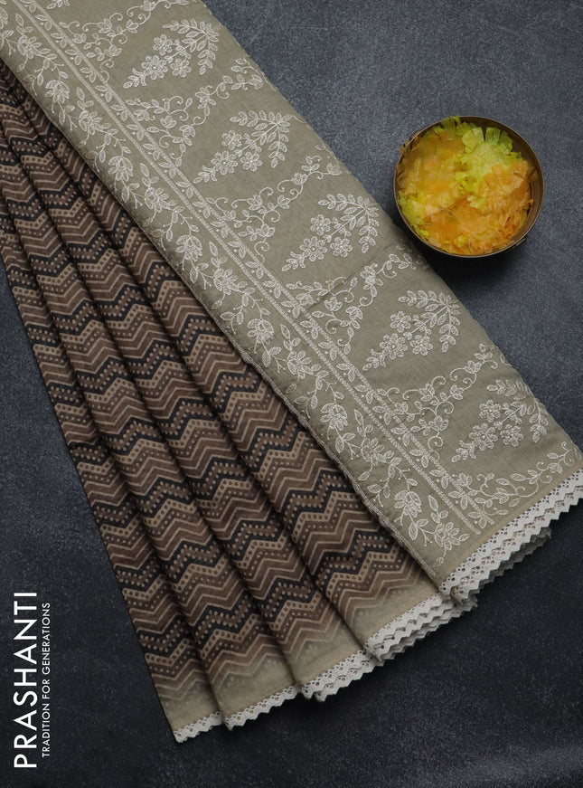 Semi chanderi saree pastel brown and beige with allover ajrakh prints and embroidery pallu