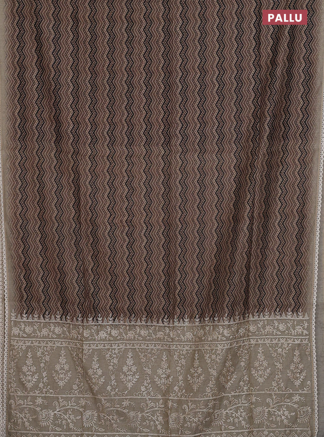 Semi chanderi saree pastel brown and beige with allover ajrakh prints and embroidery pallu