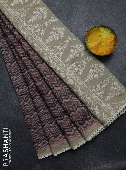 Semi chanderi saree brown and beige with allover ajrakh prints and embroidery pallu