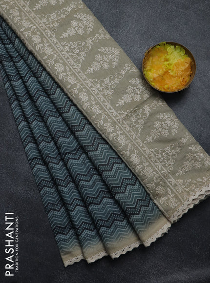 Semi chanderi saree greyish blue and beige with allover ajrakh prints and embroidery pallu