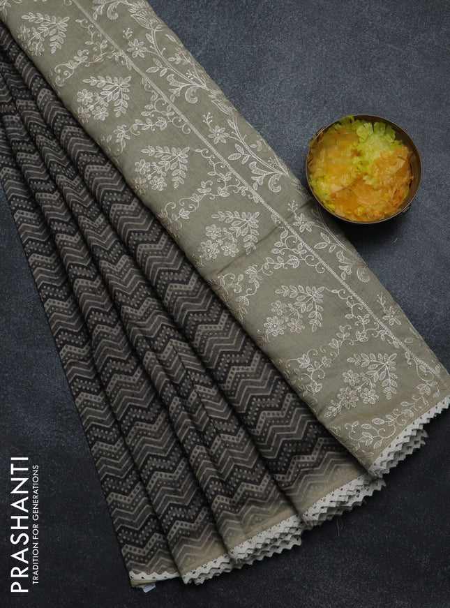 Semi chanderi saree grey black and beige with allover ajrakh prints and embroidery pallu