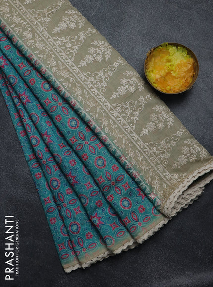 Semi chanderi saree teal blue and beige with allover ajrakh prints and embroidery pallu