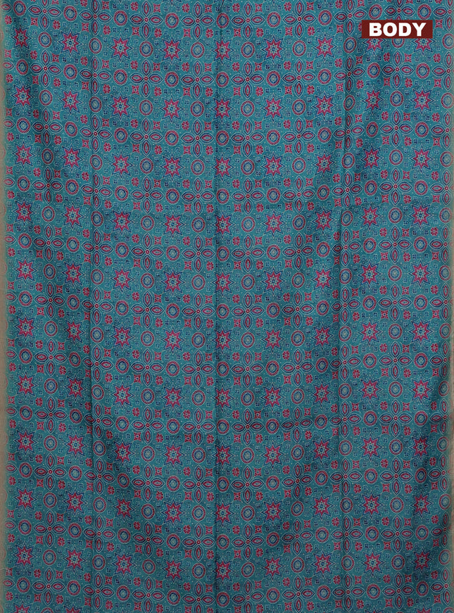 Semi chanderi saree teal blue and beige with allover ajrakh prints and embroidery pallu