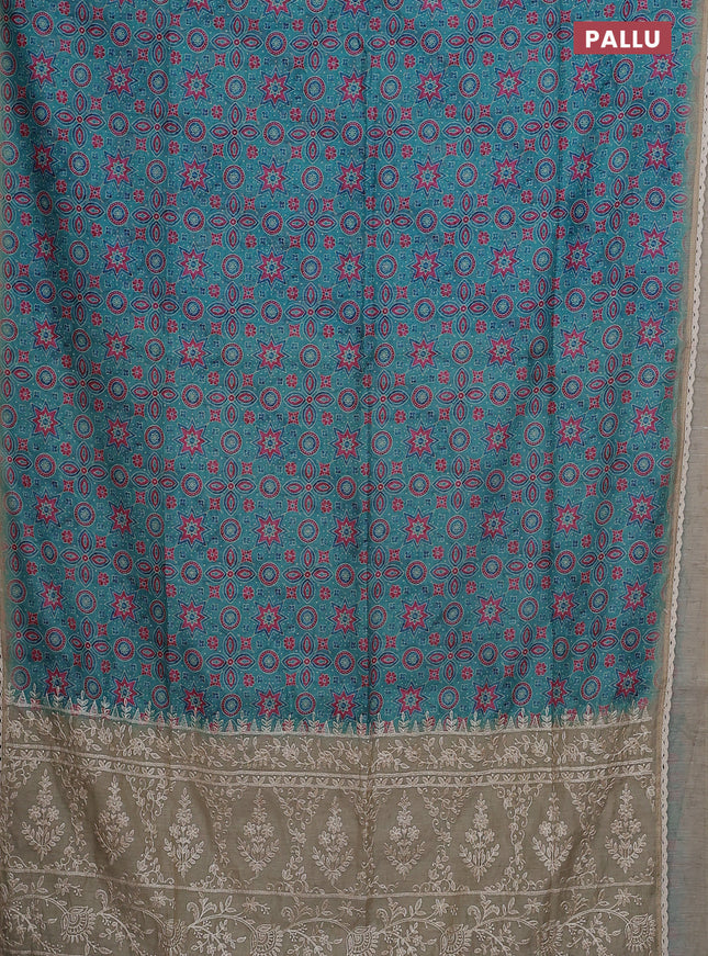 Semi chanderi saree teal blue and beige with allover ajrakh prints and embroidery pallu