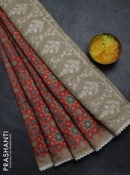 Semi chanderi saree rust shade and beige with allover ajrakh prints and embroidery pallu