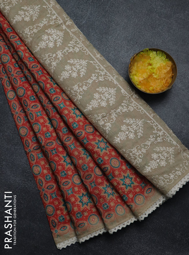 Semi chanderi saree rust shade and beige with allover ajrakh prints and embroidery pallu