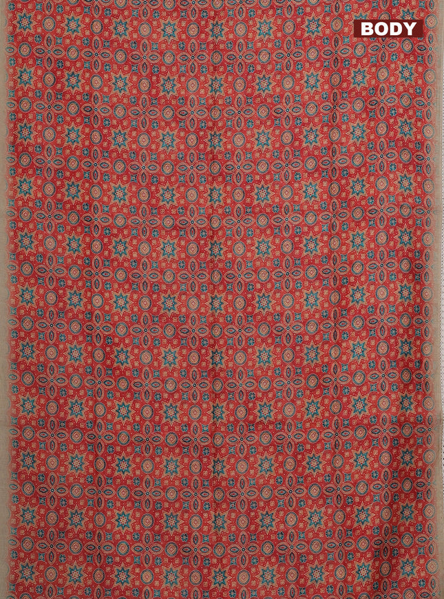 Semi chanderi saree rust shade and beige with allover ajrakh prints and embroidery pallu