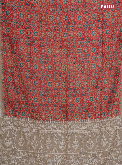 Semi chanderi saree rust shade and beige with allover ajrakh prints and embroidery pallu
