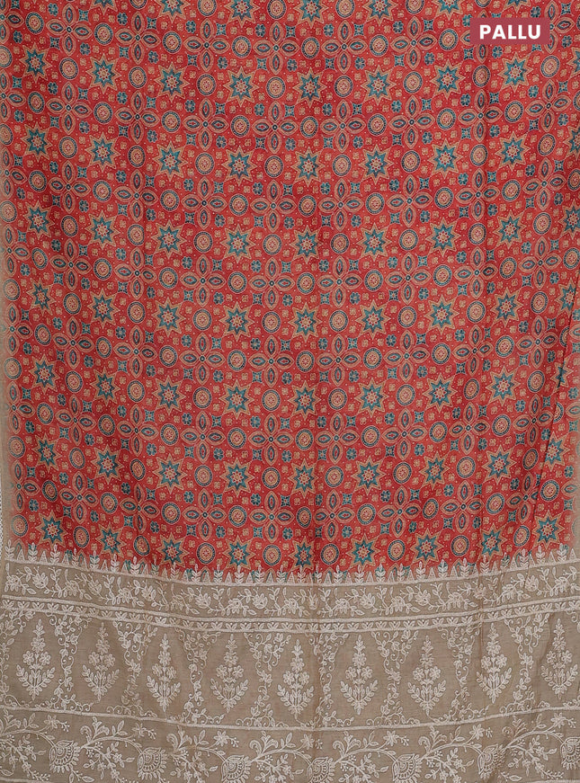 Semi chanderi saree rust shade and beige with allover ajrakh prints and embroidery pallu