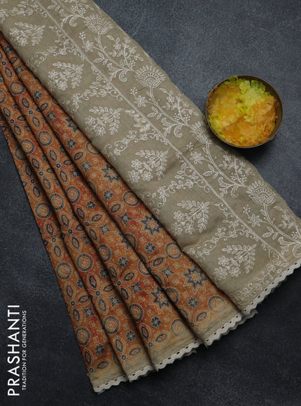 Semi chanderi saree mustard yellow and beige with allover ajrakh prints and embroidery pallu