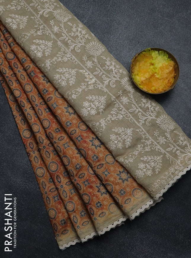 Semi chanderi saree mustard yellow and beige with allover ajrakh prints and embroidery pallu