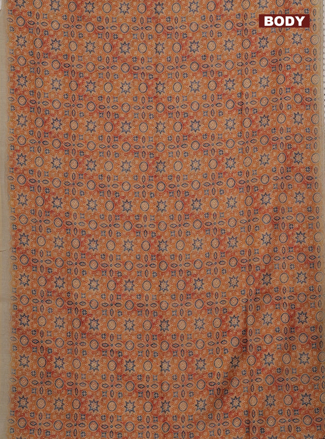 Semi chanderi saree mustard yellow and beige with allover ajrakh prints and embroidery pallu