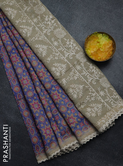 Semi chanderi saree blue and beige with allover ajrakh prints and embroidery pallu