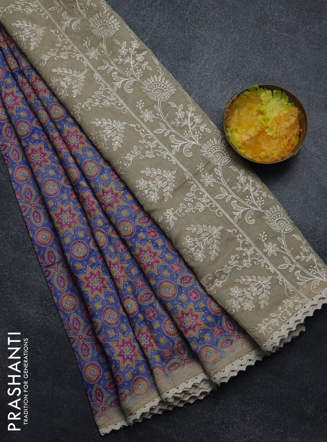 Semi chanderi saree blue and beige with allover ajrakh prints and embroidery pallu