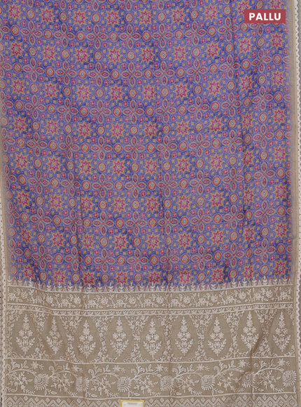 Semi chanderi saree blue and beige with allover ajrakh prints and embroidery pallu