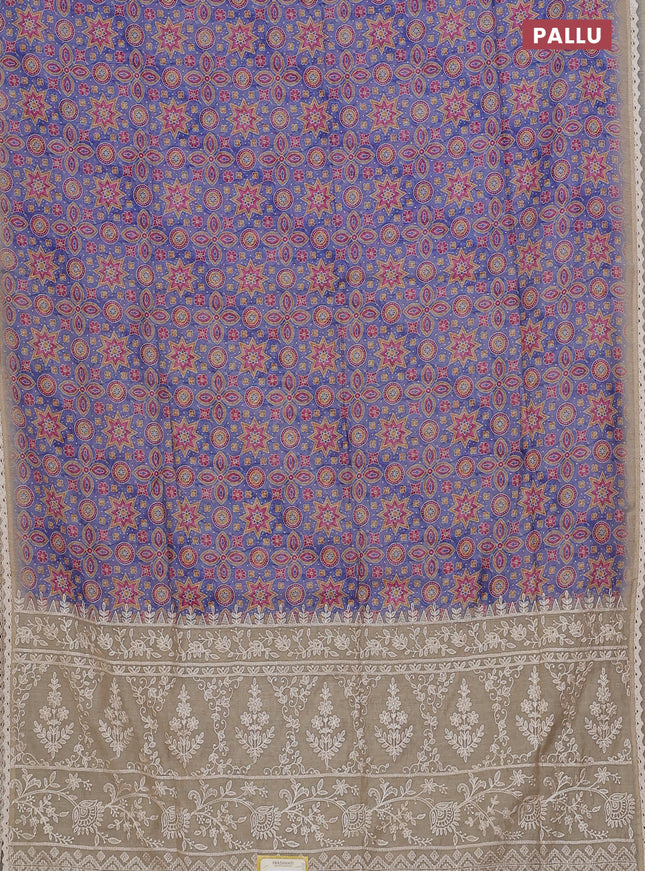 Semi chanderi saree blue and beige with allover ajrakh prints and embroidery pallu